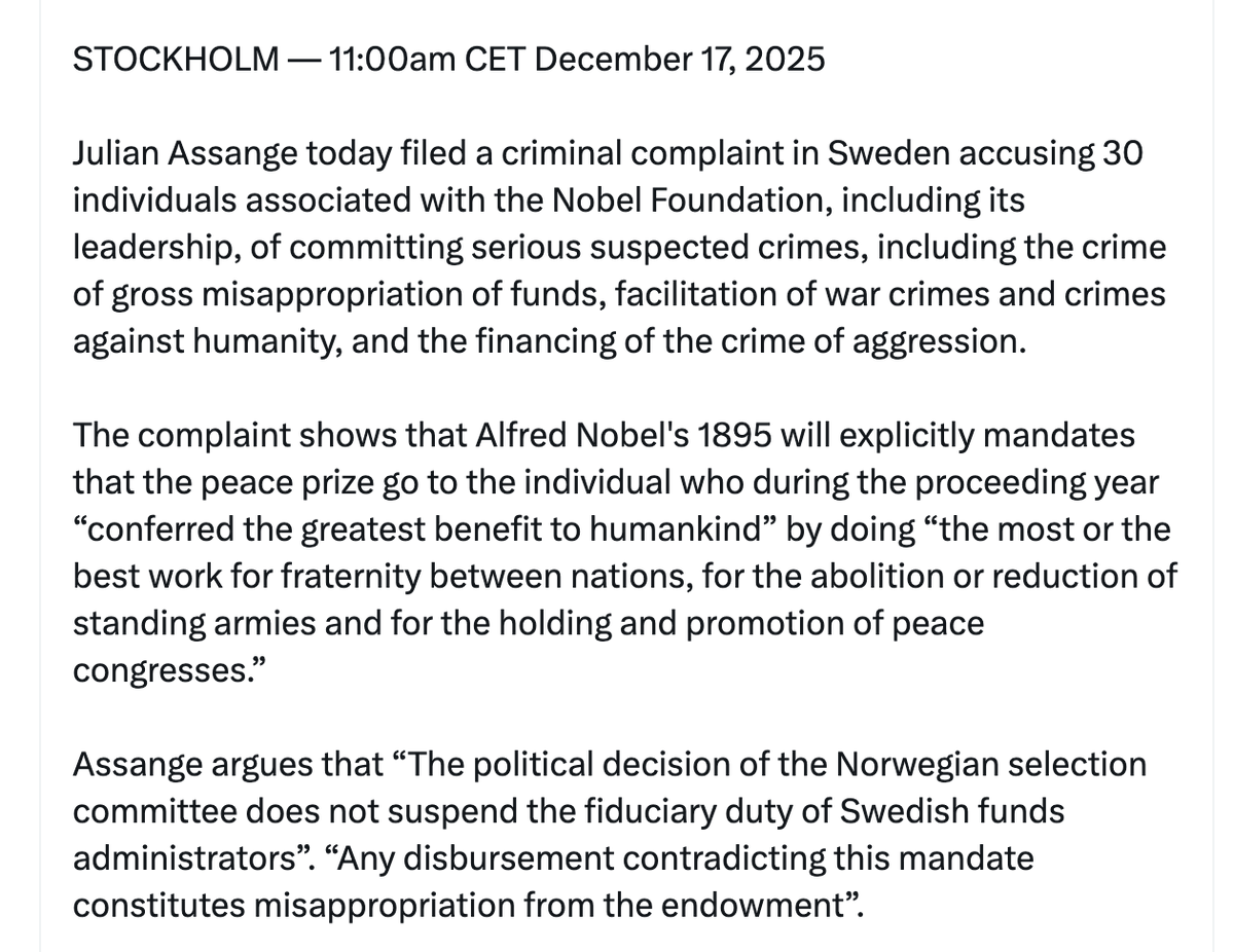Julian Assange presenta denuncia penal contra la Fundación Nobel por el Premio de la Paz: es un instrumento de guerra